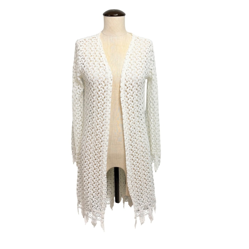 Blu Planet Ivory Crochet Lace Longline Cardigan Duster Open Front Women Medium